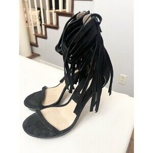 Michael Kors Collection 8.5 DAPHNE Black Fringe Open Toe Heels Sandals $495